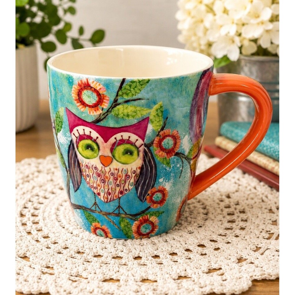 LANG Happy Owl Coffee Mug Wendy Bentley Colorful Owl Floral 14 Oz Ceramic